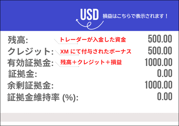 XM 残高、クレジット、有効証拠金
